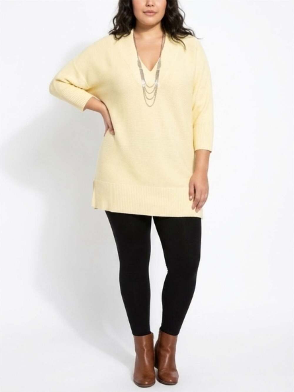 Chico's Yellow 100% Cotton Ribbed V-Neck Tunic Sweater Size 2 (Large)